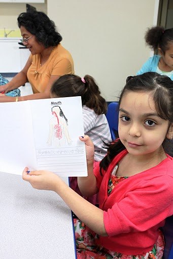 girl holding up project from online kindergarten taught via virtual Montessori methods.