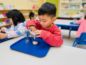 Financial aid for childcare in Fremont, California - a happy child working on a 'job' in the Montessori methodology