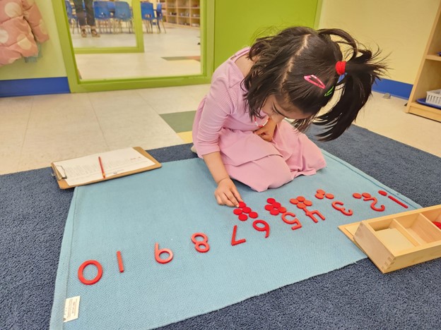 A child working on a 'job,' as part of the Montessori plus STEM program in Fremont, California, and Sunnyvale, California.