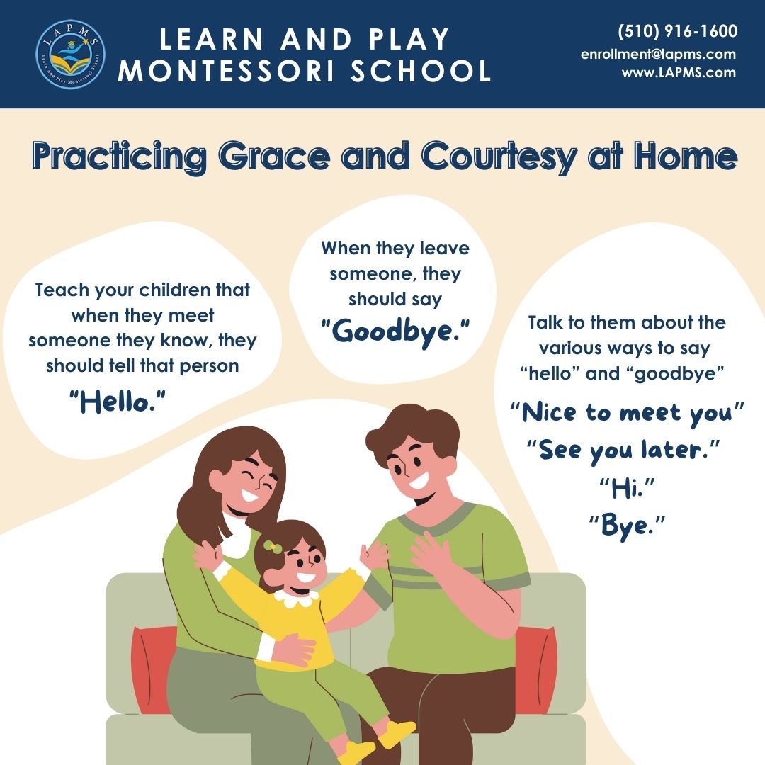 Infographic on Grace and Courtesy taught via the Montessori method in Sunnyvale, California